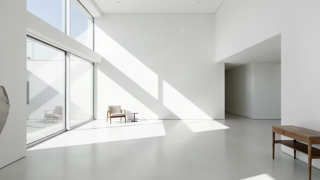 Minimalist modern art gallery with white walls large windows and bright sunlight casting geometric shadows on a polished floor with a sculpture