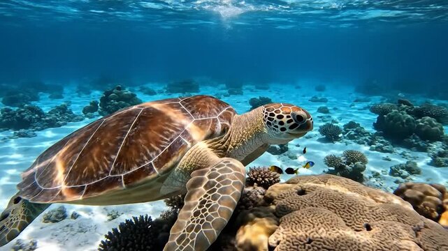 Underwater sea turtle swimming near coral reef marine life ocean environment vibrant blue water tropical ecosystem