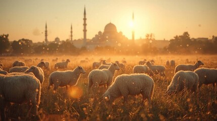 Obraz premium Flock of sheep grazing in a glowing field at golden sunset with a mosque and minarets in the background, creating a peaceful Islamic atmosphere perfect for Eid al-Adha themes.