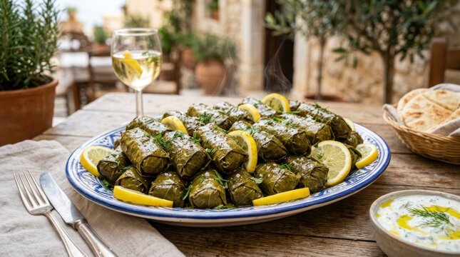 Grilled stuffed dolmades with lemon wedges served on rustic wooden table outdoors with white wine and tzatziki dip in Mediterranean taverna setting