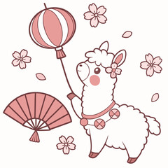 Fototapeta premium Surprised Alpaca with with a balloon, set in a charming Cherry Blossom Festival theme – Sakura Breeze color vector art