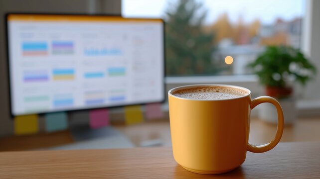 Homeoffice-Schreibtisch mit einheitlichem Werbe-Dashboard in Deutschland, inklusive Kaffeetasse und Pflanze