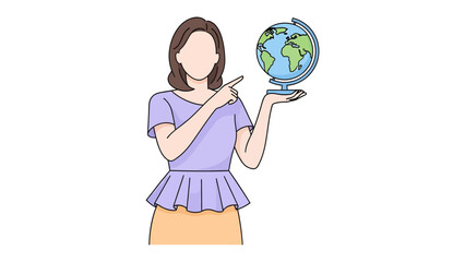Fototapeta premium Globetrotter's Guidance: A woman holding a globe, pointing at it, symbolizing travel, education, and exploration. perfect for content related to travel, geography, or international relations.