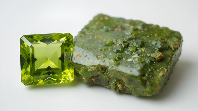Square Peridot polished stone isolated on white, olive green gemstone, stone of compassion, renewal energy crystal, natural mineral specimen.