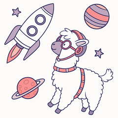 Fototapeta premium Whimsical Alpaca feeling Funny in a Space explorer setting with wearing glasses – colored in Cosmic Pastels