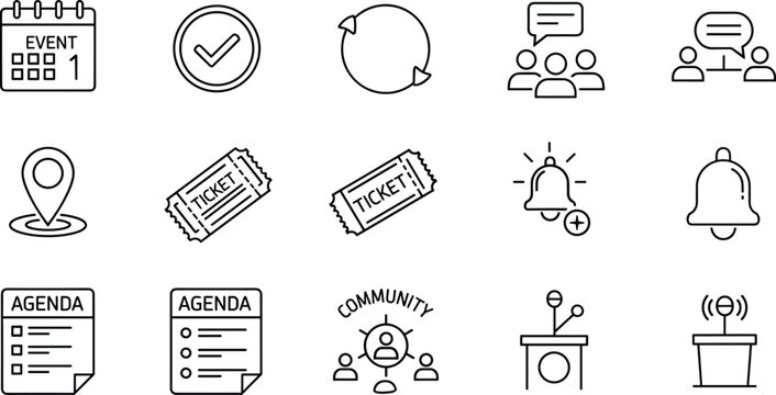 Event and Community Management Icon Set Featuring Tickets, RSVP, Agenda, and Notifications for Planning and Coordination