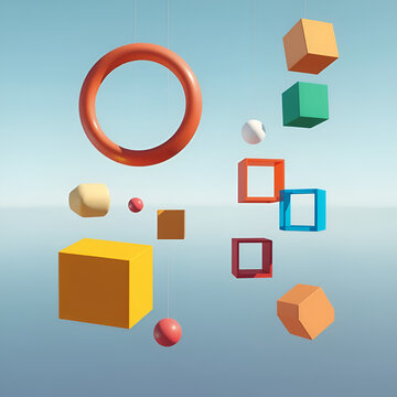 An abstract arrangement of colorful shapes, including ellipsoids and cubes, suspended in mid-air against a serene backdrop