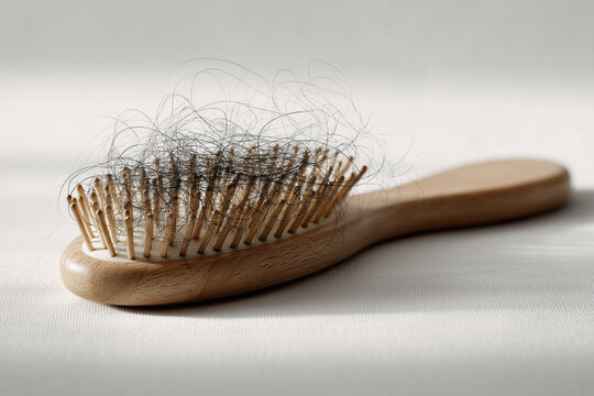 Excessive Hair Loss Concept: Clump of Fallen Hair on a Wooden Brush