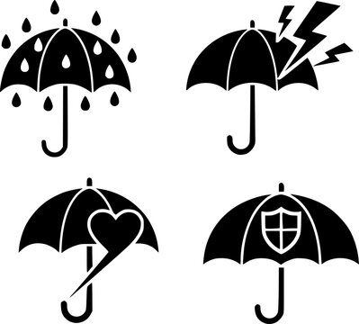 Set of umbrella icons: raindrops, thunder, heart, and shield elements
