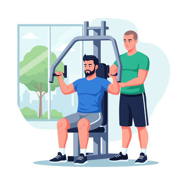 Personal trainer assisting man exercising on chest press machine in gym