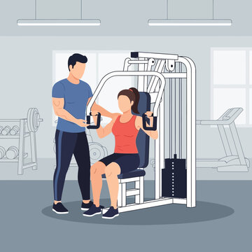 Personal trainer assisting woman on chest press machine in gym