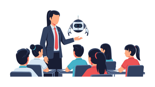 AI Teacher: A teacher utilizes artificial intelligence to captivate the attention of pupils in a forward-thinking classroom. Demonstrating the modern intersection of education and technology.