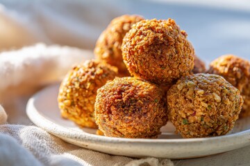 Fototapeta premium Golden brown falafel balls piled on a white ceramic plate