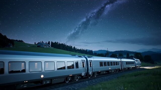 Luxury train traveling through a scenic landscape under the Milky Way image photo