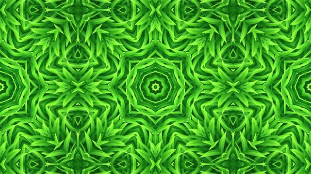 Abstract green grass kaleidoscope seamless loop animation. rhythmic floral mandala effect.