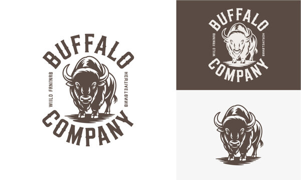 Robust American bison logo illustration, crafted in a detailed vintage emblem style, ideal for strong brand identity, featuring a powerful buffalo with classic typography on a rustic badge