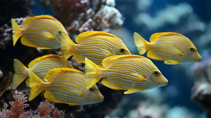 Obraz premium Yellow striped zebrasoma fish swim in an aquarium.