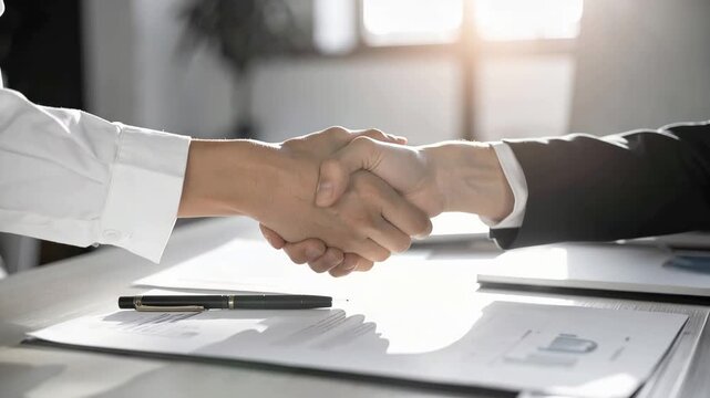 Handshake Deal: A close-up shot of two hands clasped in a firm handshake, symbolizing a successful deal, agreement, and partnership. 