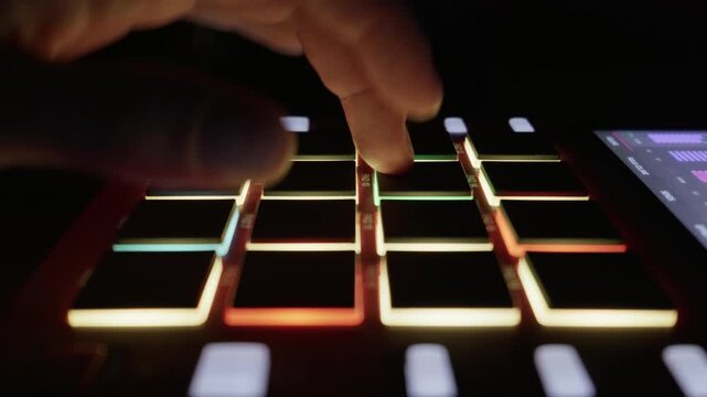 A beatmaker hand taps rhythmically on the colorful illuminated pads of a midi controller. Concept of electronic music production, creativity, and modern audio technology.