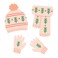 Obraz premium Winter accessories set. Knitted hat, scarf, and gloves with scandinavian pattern. Cozy seasonal clothing elements isolated on white background. Illustration for winter fashion, holiday design