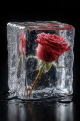 Single red rose frozen inside clear block of ice on black table, poetic still life about beauty, preservation and fragility.