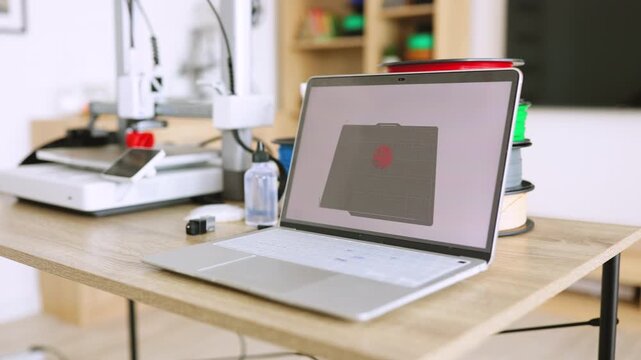 A laptop displays a 3D model next to a 3D printer and spools of filament, ready for creation
