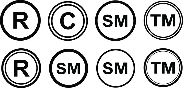 Collection of trademark and copyright symbols in circles service mark registered