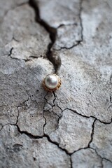 Single pearl resting in cracked concrete surface, poetic contrast between fragility and strength in minimalist conceptual still life.