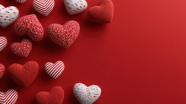 3D Rendered Red Hearts with White Patterns on Red Background for Valentine's Day Decor and Design