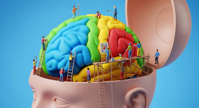 Building a better brain illustration of tiny people working on colorful sections of a human brain