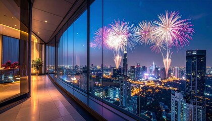 Obraz premium Spectacular Fireworks Display Over City Skyline from Luxurious Apartment.