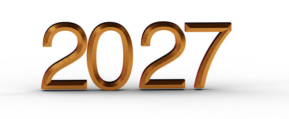 2027 year number in gold color, isolated on white background. Illustration for new year, new beginnings and future conce