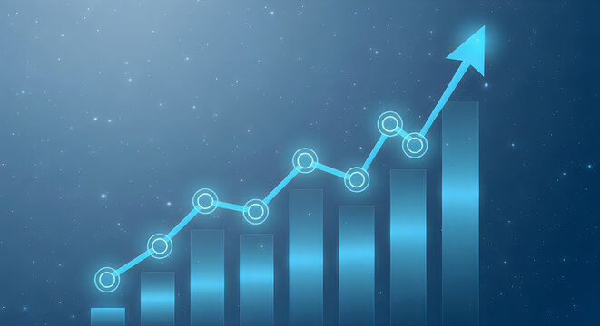 A glowing blue digital bar chart showing a steady upward growth trend on a dark background visual