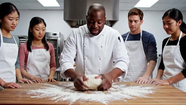Professional culinary chef teaches diverse students dough kneading technique