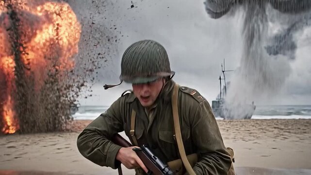 Intense CloseUp of Soldier Yelling During DDay Invasion with Explosions and Ships.