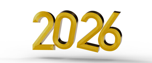 Bold gold 2026 year number illustration on a white background with a shadow. Perfect for new year greetings and celebrat © vegefox.com
