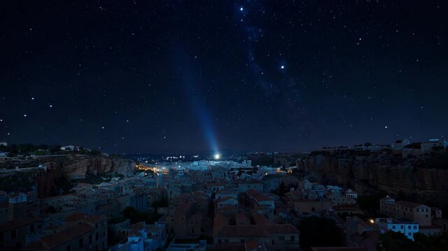 мBright searchlight beam rising into starry night sky above dark landscape with glowing horizon and countless stars creating dramatic cosmic scene. Concept of exploration mystery and hope