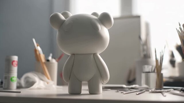 White bear figurine on a table with painting tools indoors