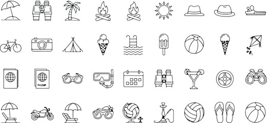Summer vacation and beach travel icon vector set with umbrella, palm tree, bicycle, ice cream, and holiday symbols isolated on light background © Nasrin
