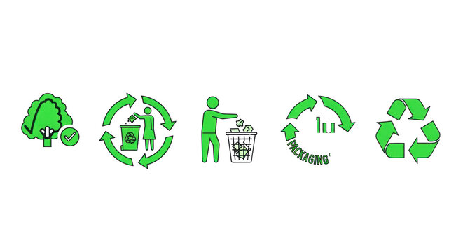 Six distinct bright green graphic vector environmental and recycling symbols, including FSC, 'alu', and Mobius strip, on a transparent background, horizontally aligned concept of sustainability