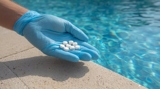 Gloved hand shows white chlorine tablets next to clear blue pool water, used to kill germs and keep the pool clean.