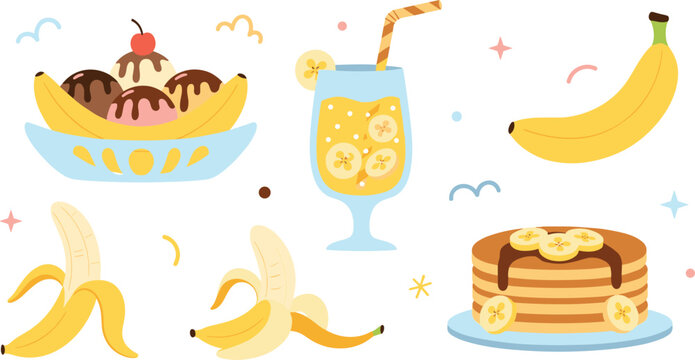 Banana fruit and dessert set with pancake stack banana split ice cream smoothie cocktail and peeled fruit flat vector illustration isolated on white background.