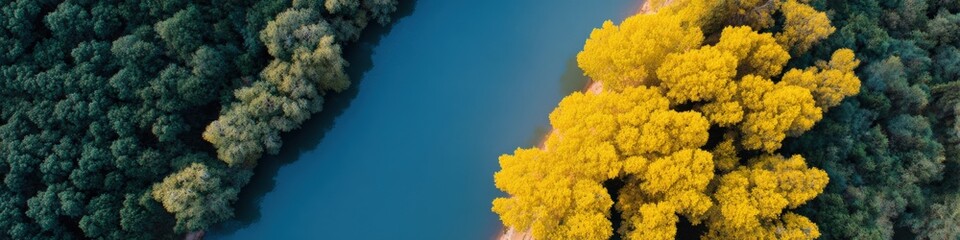 Naklejka premium Close aerial top down of turquoise river running beside a bright cluster of golden yellow trees contrasted with deep green woodland, intimate view of autumn edge habitat