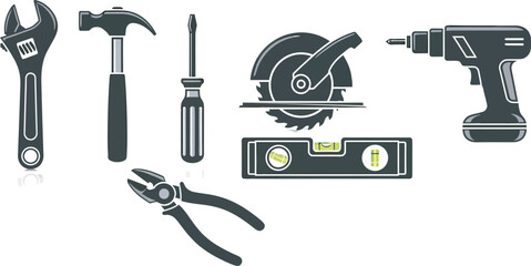 Naklejka premium Set of Black and White Hand Tools Illustration