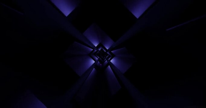 bstract Seamless Loop Flight through Futuristic Dark Purple Square Tunnel with Neon Glowing Particles