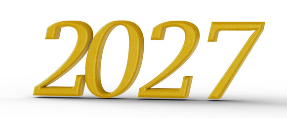 3D render of the year 2027 in gold color on white background. Perfect for New Year's or business concepts.