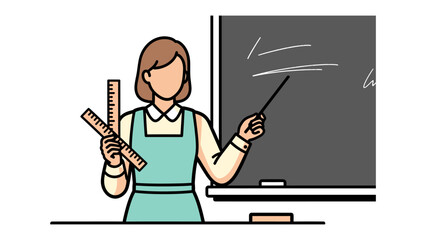 School Guidance and Direction: An educator, armed with a pointer and a measuring tool, stands before the blackboard, prepared to illuminate minds and shape futures. © Abu