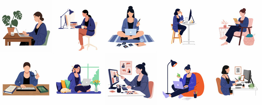 Set of illustrations featuring a woman working from home in various comfortable and productive remote office environments with laptops and digital devices.