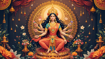 Fototapeta premium A divine Durga Puja illustration showing goddess artwork design for the Durga Puja festival in India, this traditional art represents the cultural devotion and idol worship of the holy ceremony