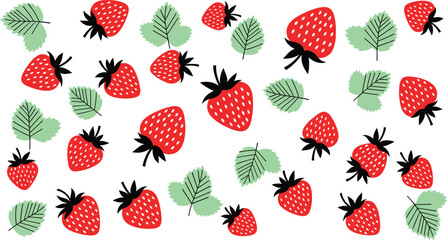 Strawberry seamless pattern with leaves. Cute red strawberries scattered on white background. Simple berry texture for fabric, wrapping paper, packaging and summer food design. © HELEN QUEEN